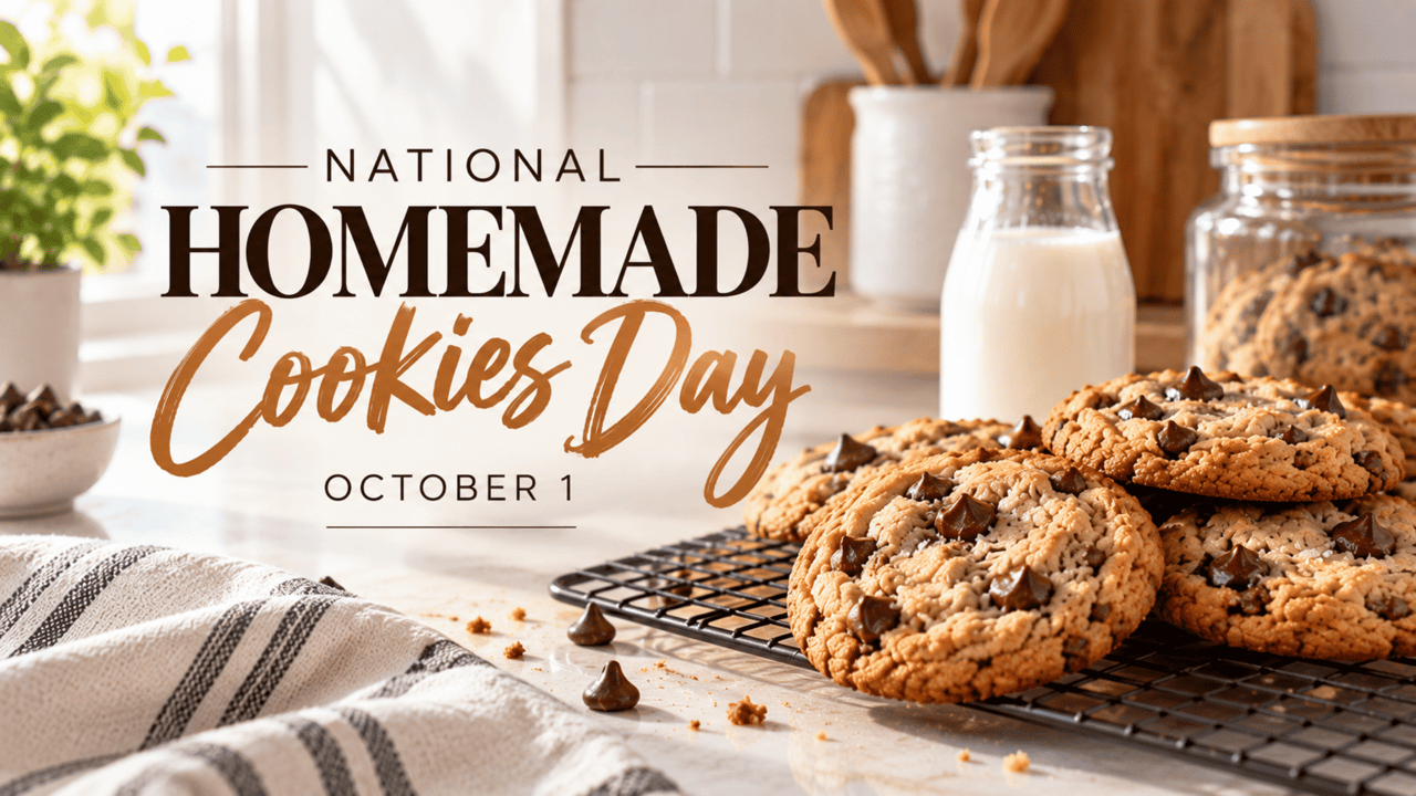 National Homemade Cookies Day, October 1, with chocolate chip cookies cooling on a rack beside milk.