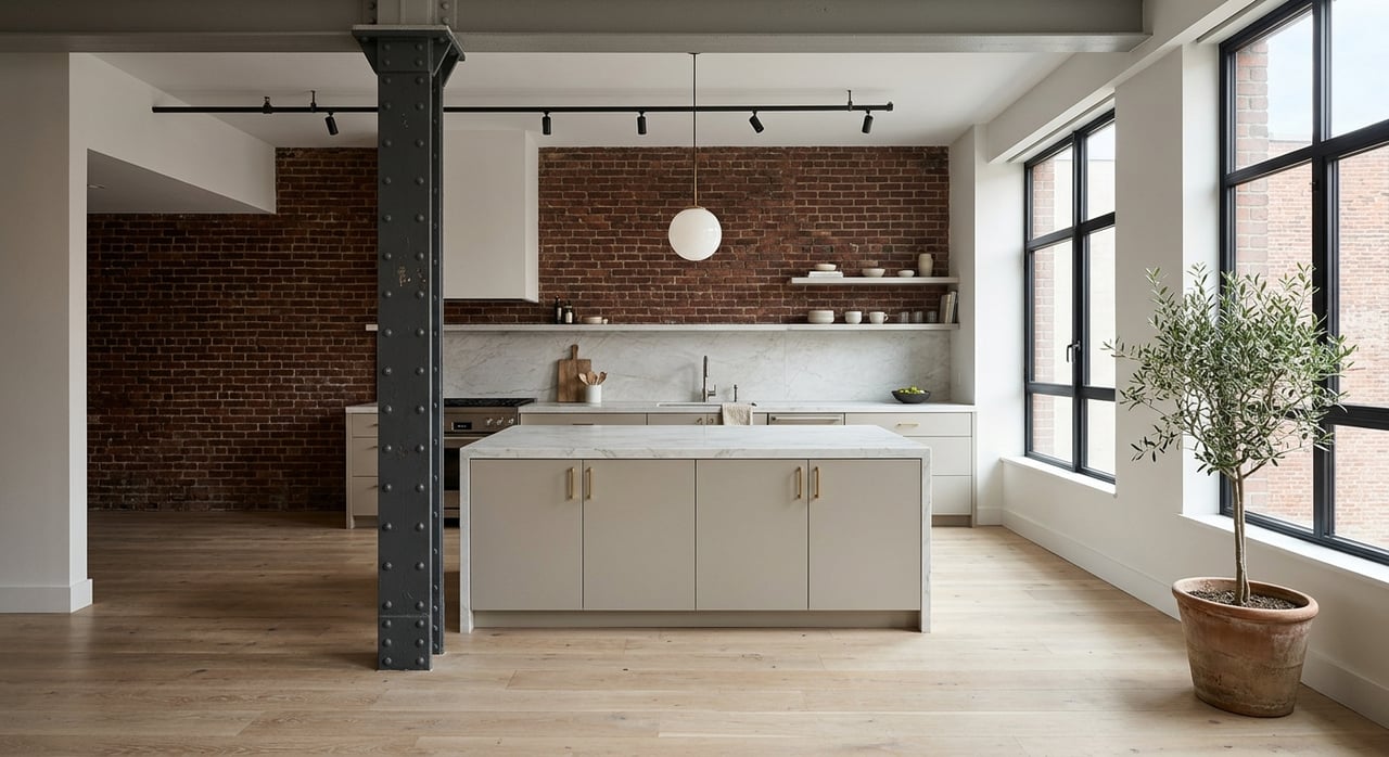 Loft kitchen with a stone island, cast-iron column, and large industrial steel windows.