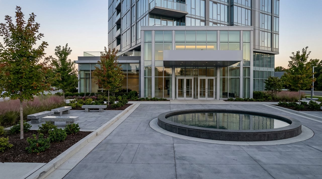 Condominium tower entrance with a glass lobby, travertine plaza, reflecting channel, clipped hedges, and palm trees.