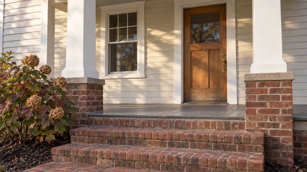 Cream-sided home entrance with square porch columns, weathered brick steps, a wood door and autumn oakleaf hydrangea.