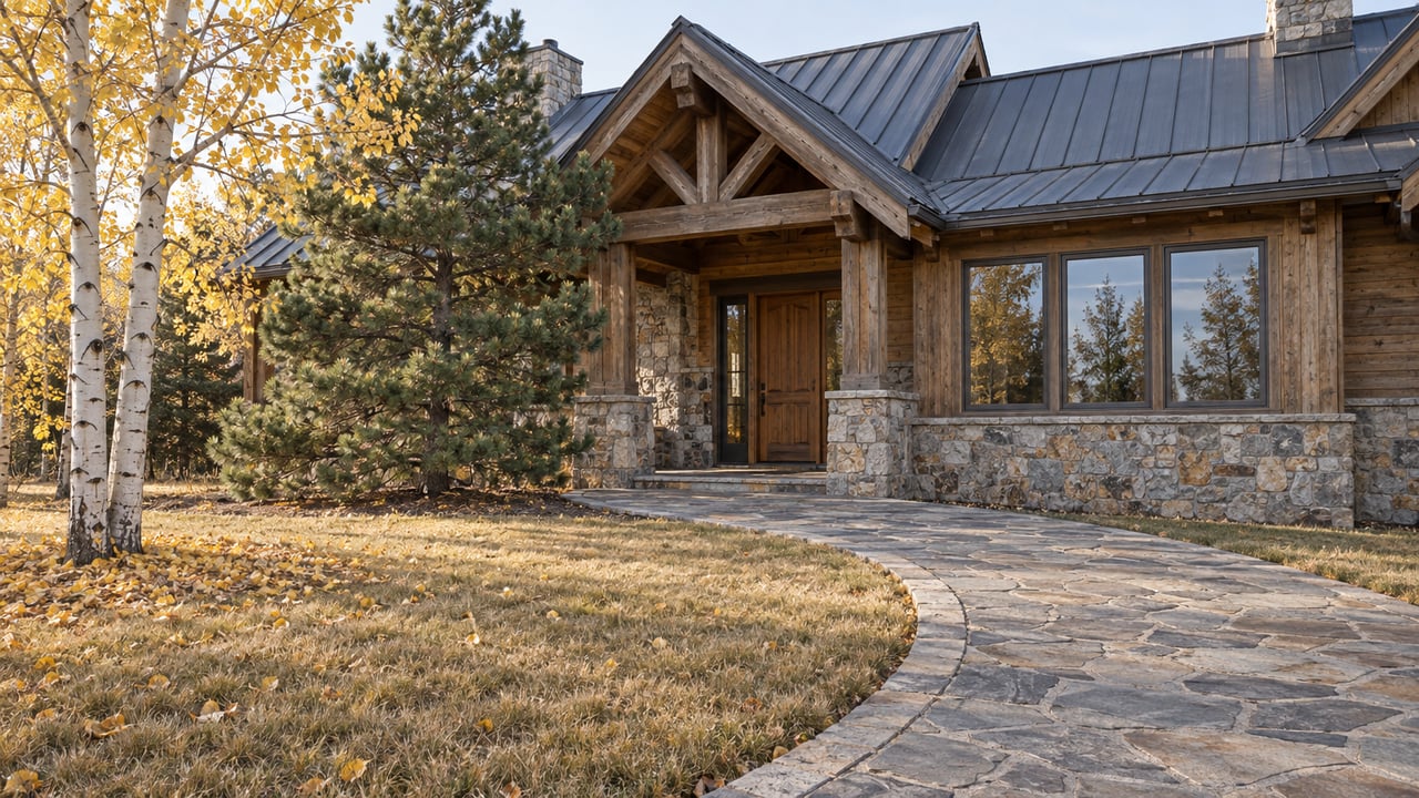 An established timber-and-stone home with a steep charcoal roof, bronze-framed windows and a stone approach beside a gold-leaved aspen.