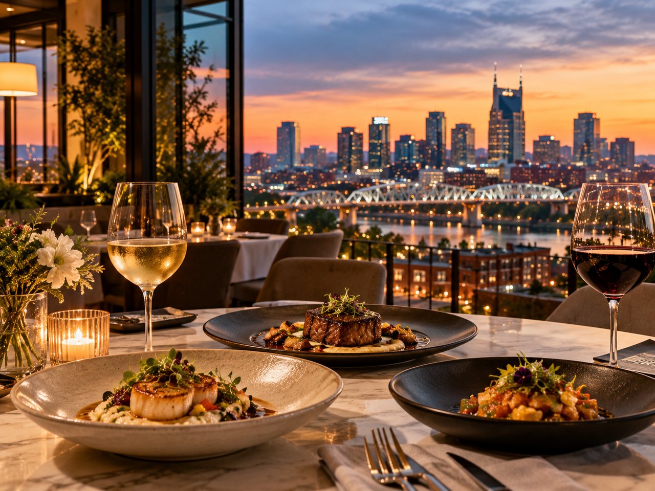 Elegant fine dining experience overlooking the Nashville skyline at sunset, featuring gourmet dishes, beautifully plated cuisine, wine glasses, candlelit tables, and a sophisticated rooftop restaurant atmosphere.