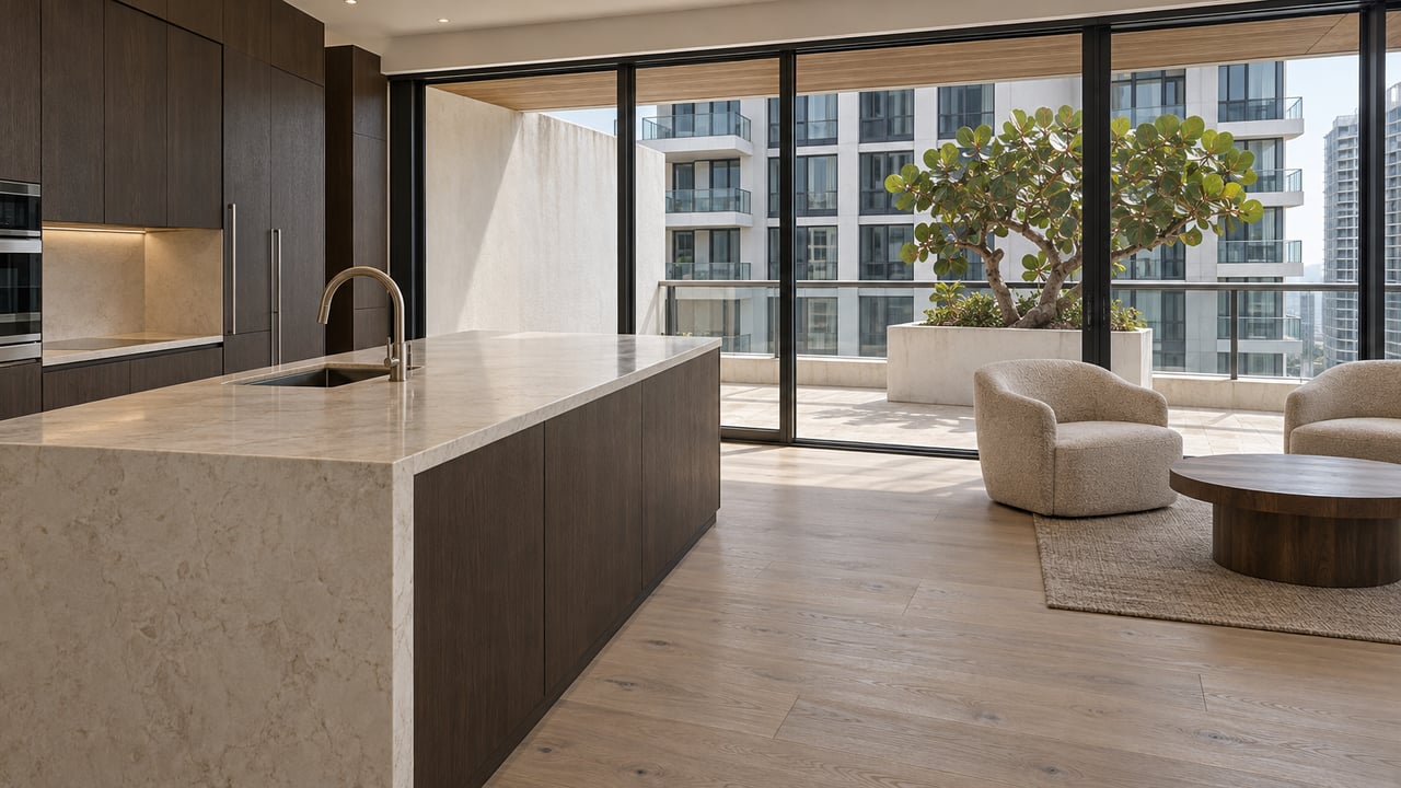Sunlit condominium kitchen with an ivory stone island, dark oak cabinetry and glass doors opening visually onto a planted terrace.