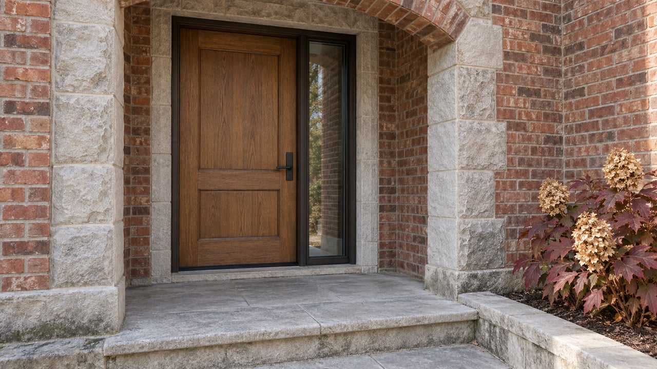 Close view of an oak front door beneath a red brick arch, with a limestone landing and burgundy oakleaf hydrangea beside the step.
