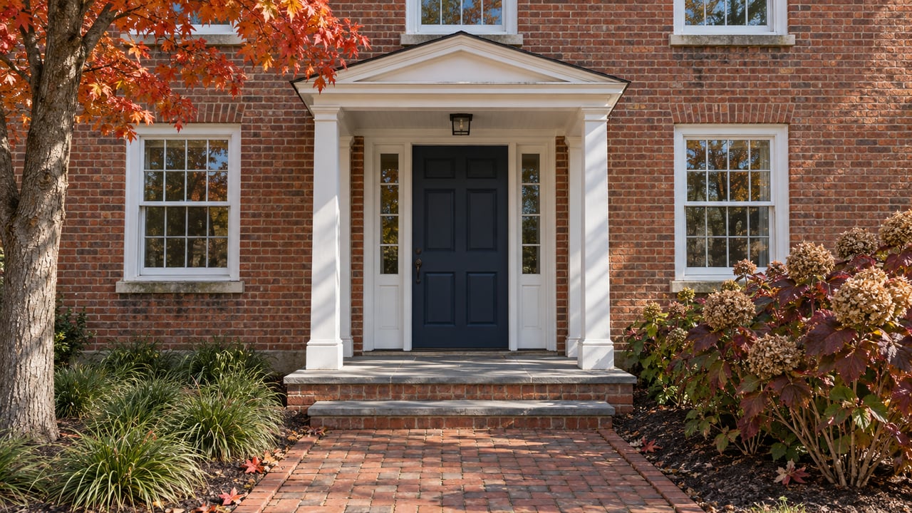 Brick home entrance with navy door, white trim, bluestone steps and autumn maple and oakleaf hydrangea foliage.