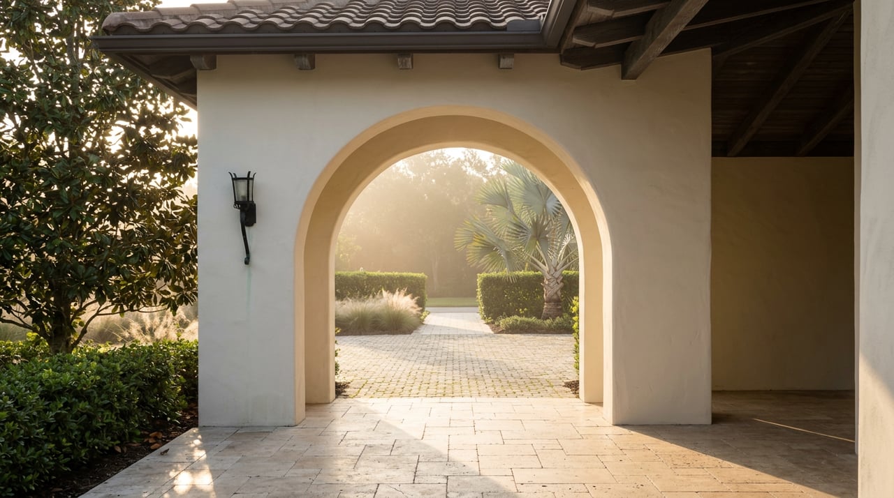 Stucco archway framing a stone approach, with a silver-blue palm, magnolia canopy, and warm light across the floor.