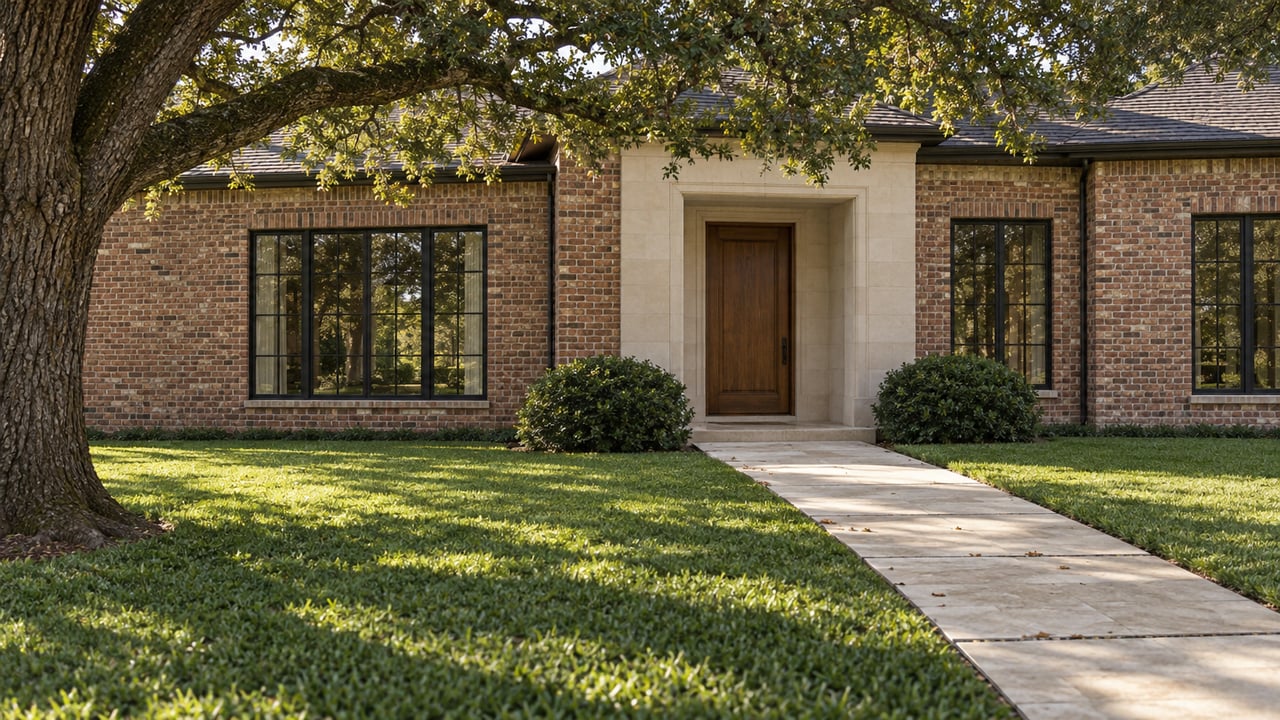 Red-brick residence with a limestone entry, oak canopy, and slab walkway across a broad lawn.