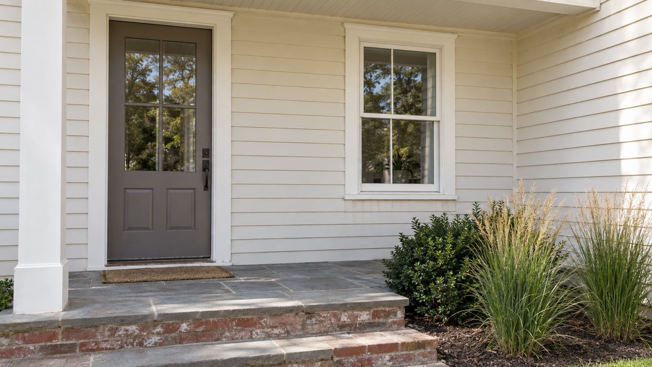 Cream clapboard house entry with a glazed gray door, white-framed window, brick steps, and grasses.