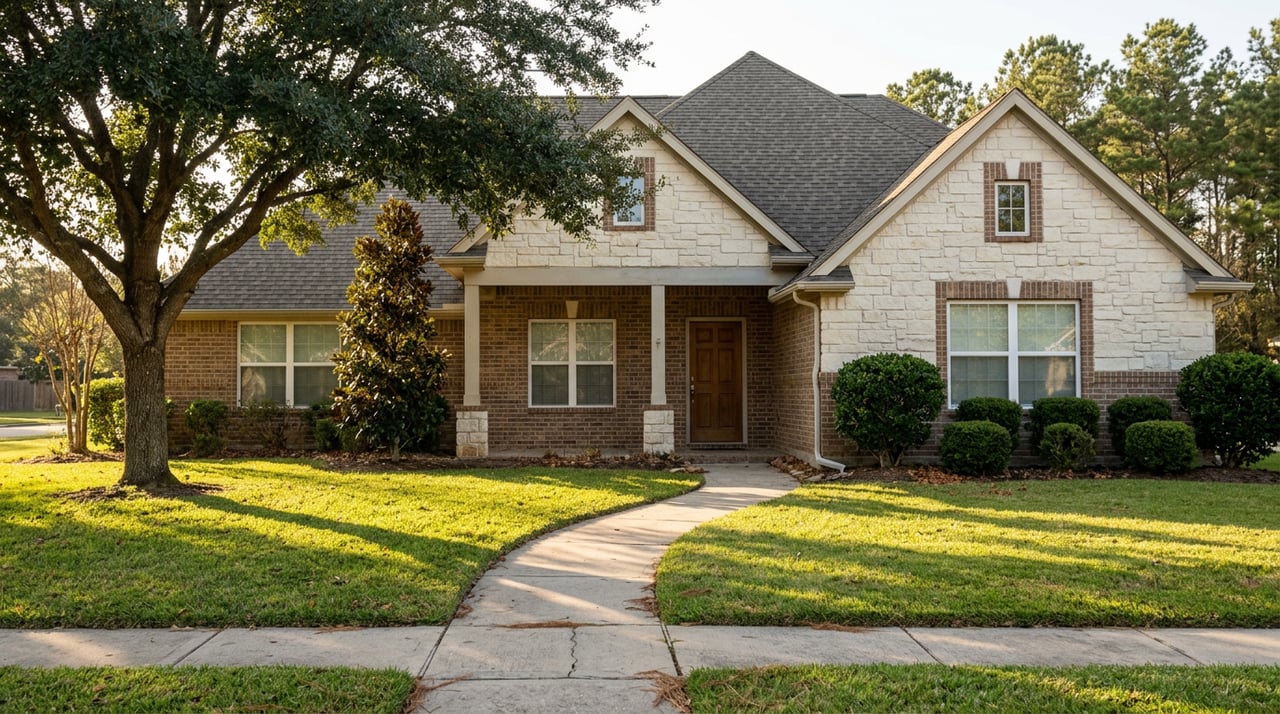 Two-story brick-and-stone house with a gabled roof, curving walkway, broad lawn, and mature oak tree.