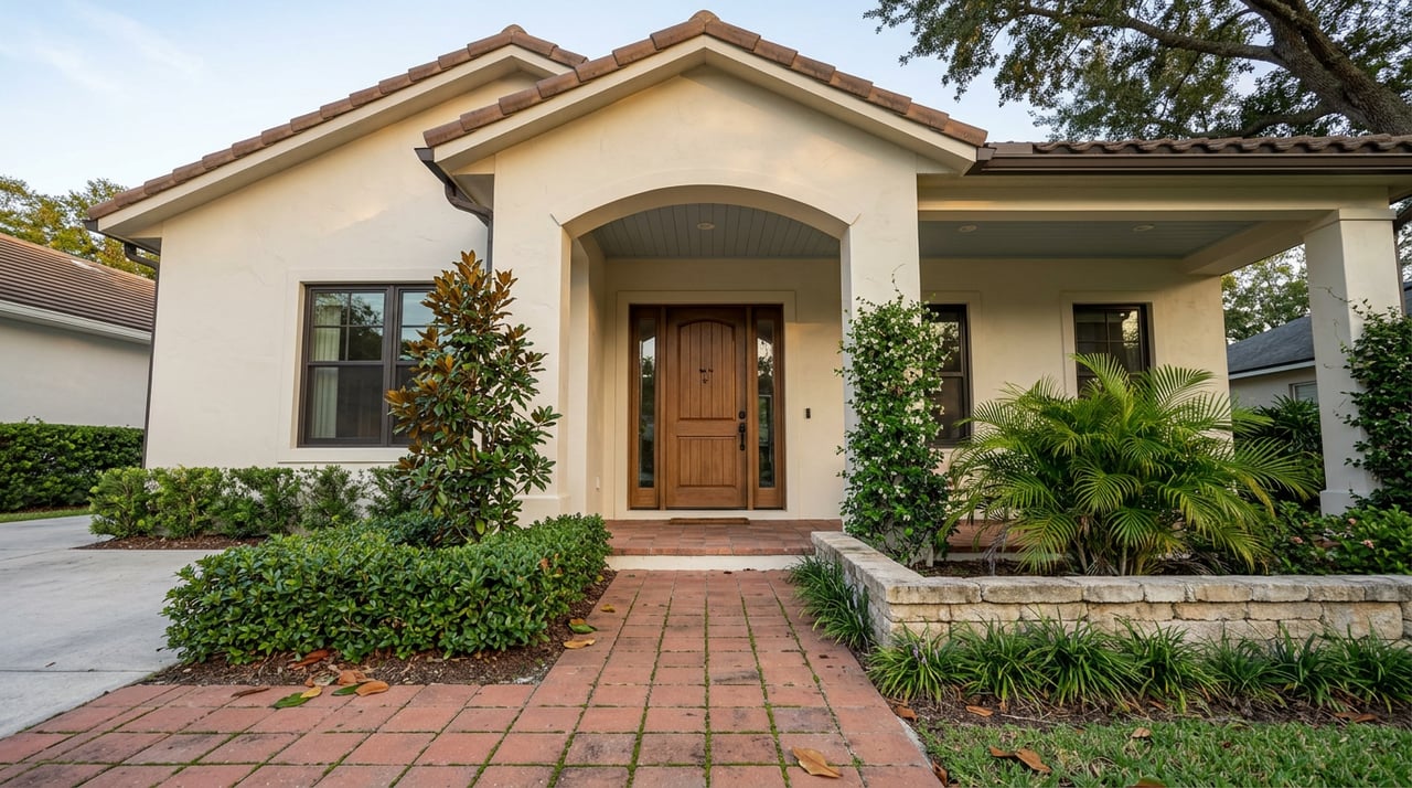 Cream stucco home entry with an arched porch, stained wood door, terracotta walkway, and tropical landscaping.