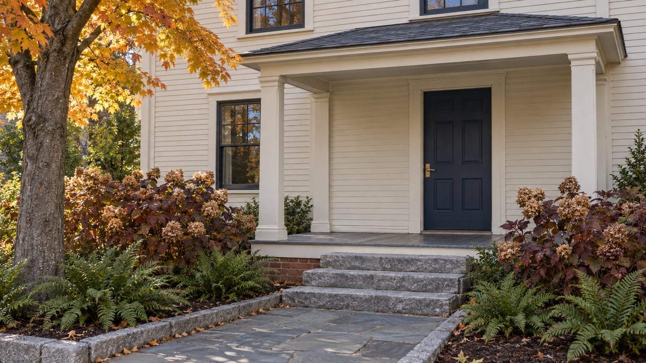 Cream clapboard home with a dark-blue front door, granite steps, bluestone walk and autumn garden.