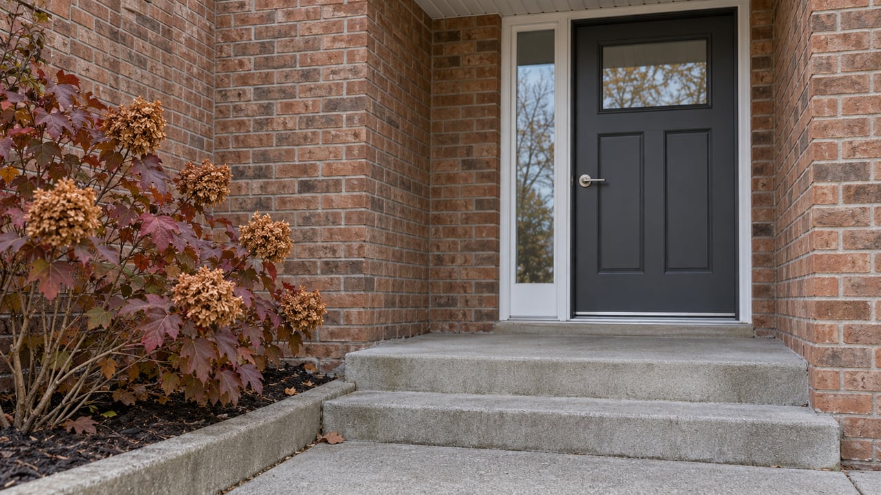 Close view of a reddish-brown brick home's covered entry, charcoal door, concrete steps and burgundy oakleaf hydrangea.