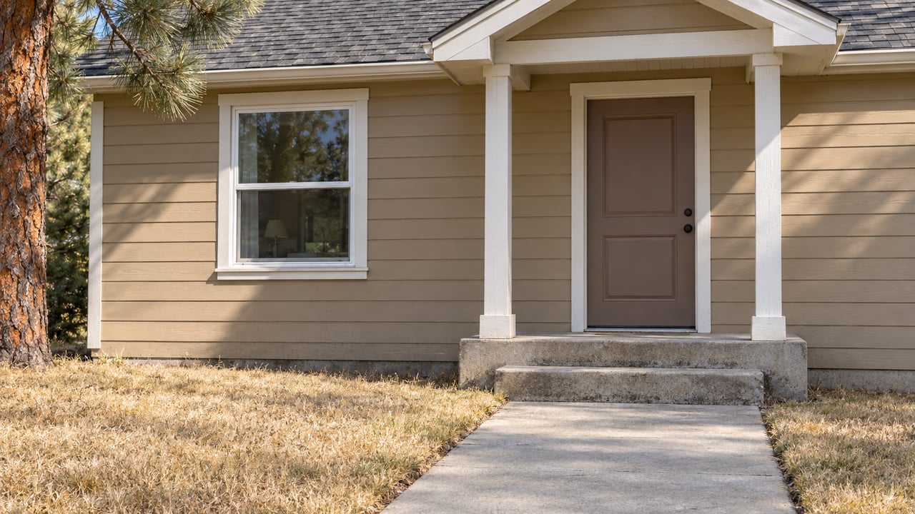 Tan lap-sided house with a covered entry, white-trimmed window and worn concrete steps beside dry grass and a pine trunk.