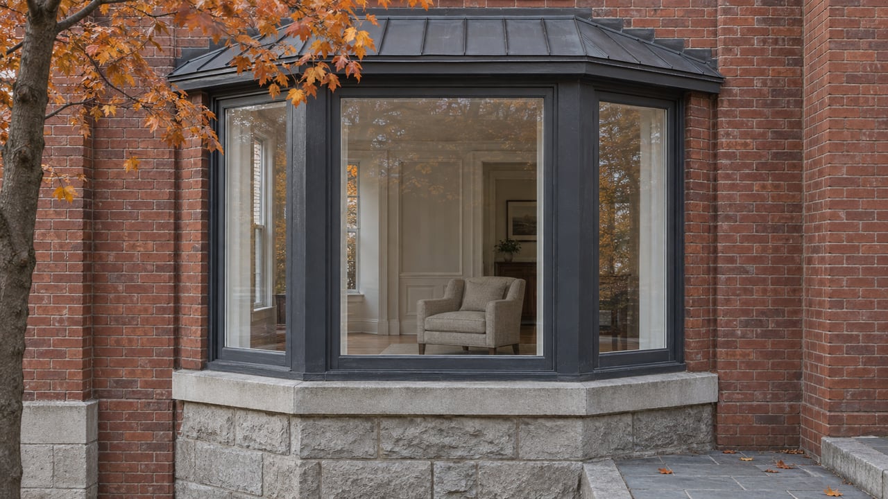 Autumn maple branches beside a charcoal-framed bay window in a russet brick home, with a softly furnished room visible through closed glass.