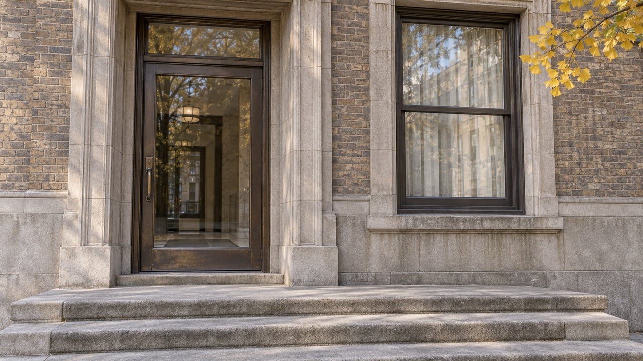 A bronze-glazed residential entrance and tall window set in weathered limestone and buff-gray brick above shallow stone steps.