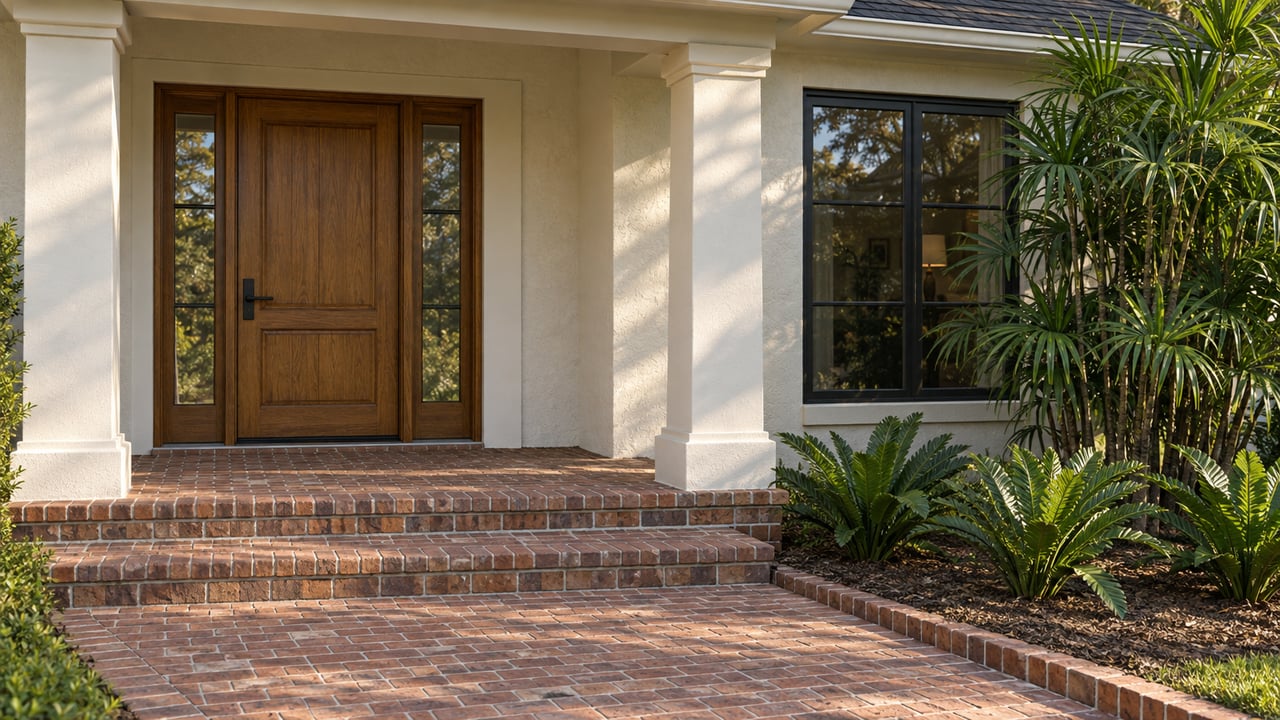 Light stucco home with an oak front door, matching glazed sidelights, a covered brick entry and sculptural fan-palm planting.