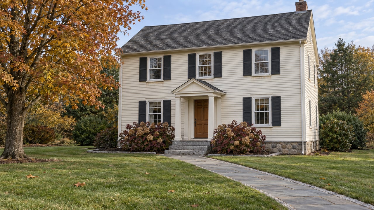 Cream clapboard house with dark shutters, a granite front walk, and an autumn sugar maple beside a deep lawn.