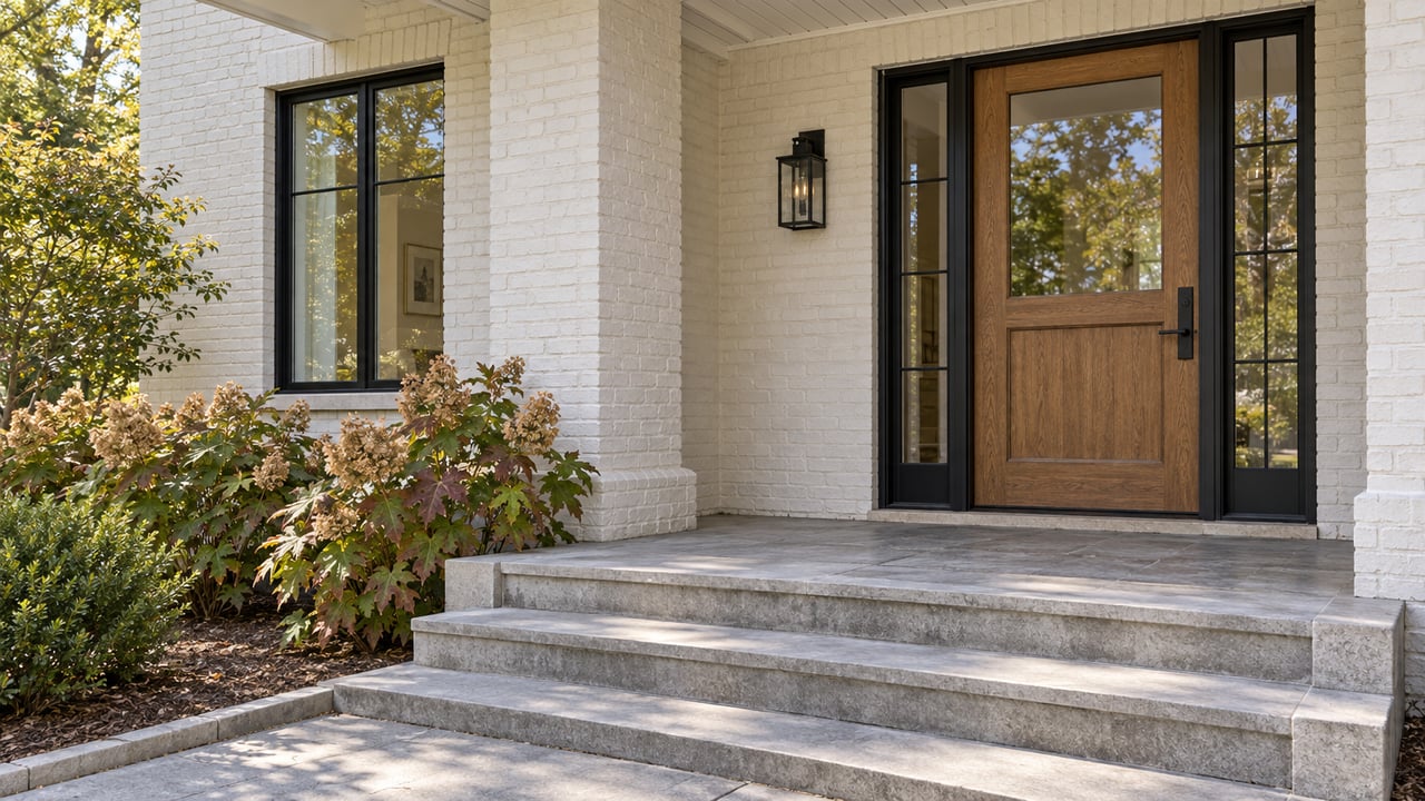 Sunlit oak front door with black-framed sidelights, white-painted brick, limestone steps and russet oakleaf hydrangeas.