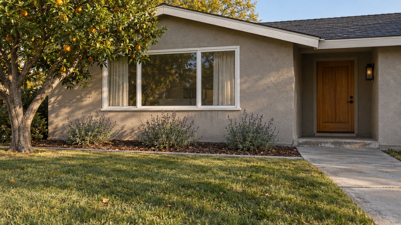 A taupe single-story home with a broad white-framed window, recessed wood entry, deep lawn and a mature orange tree in afternoon sunlight.