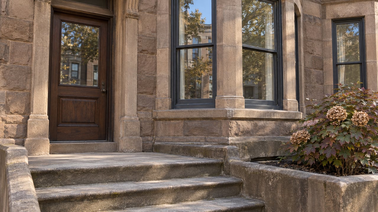 Morning light across a weathered sandstone row-house entrance and projecting bay windows, beside an oakleaf hydrangea in a raised stone planting pocket.