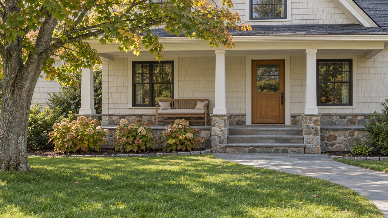 Stone-and-shingle home with a covered bluestone porch, oak door, mature maple and autumn hydrangeas beyond a broad lawn.