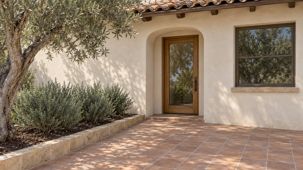 Cream stucco home with a recessed glazed oak entry, weathered clay roof tiles and terracotta paving beside an olive tree and sage planting.