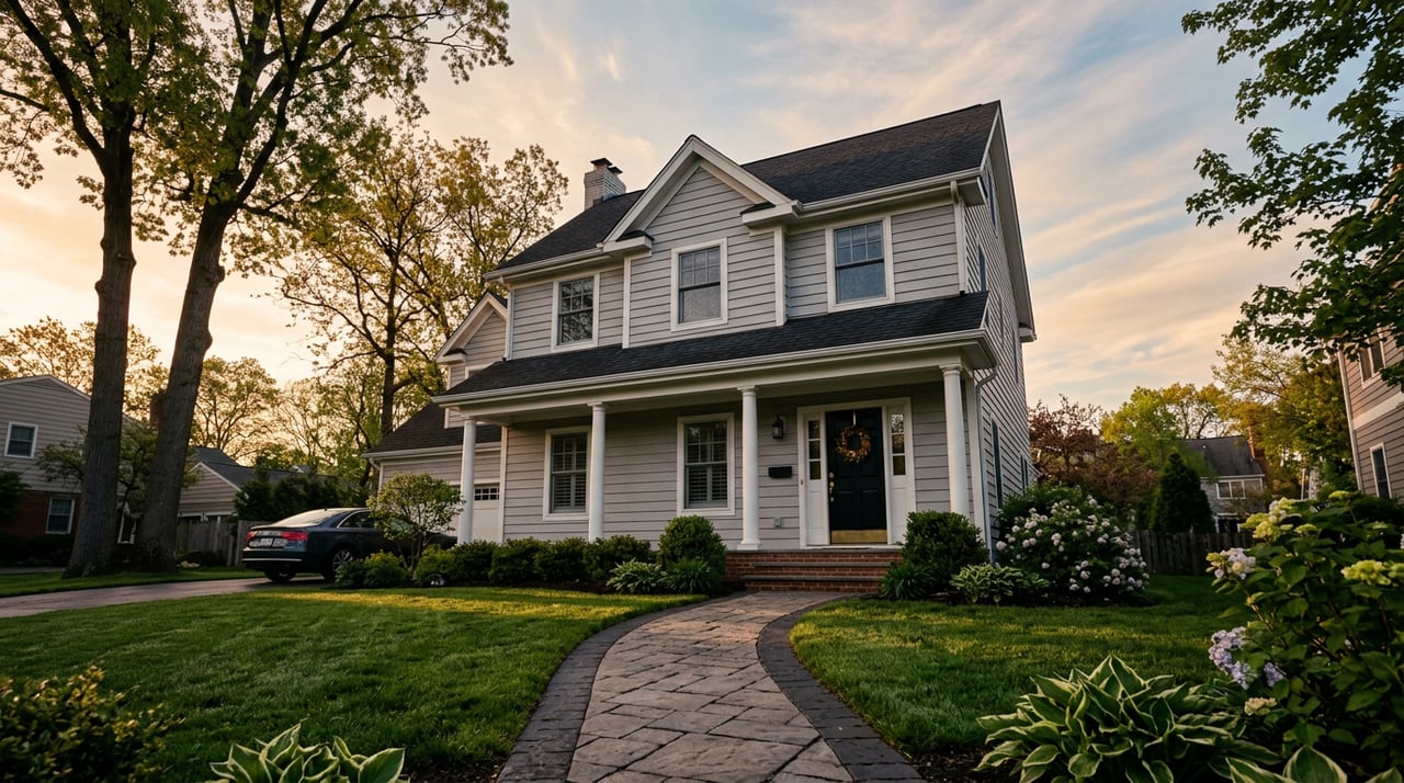 Two-story suburban house with stone and stucco facade, front lawn, and flowering pink muhly grass.