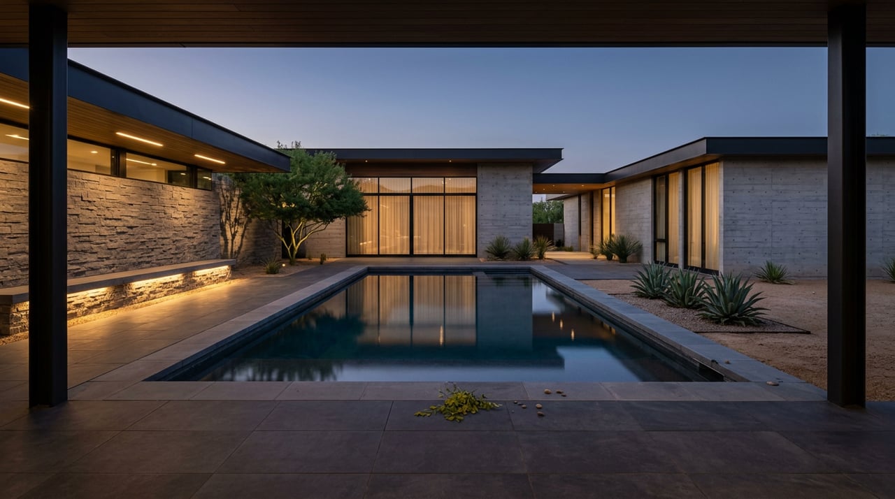 Reflecting pool mirrors a desert-modern home’s glowing windows and warm soffit lights beneath an indigo blue-hour sky.