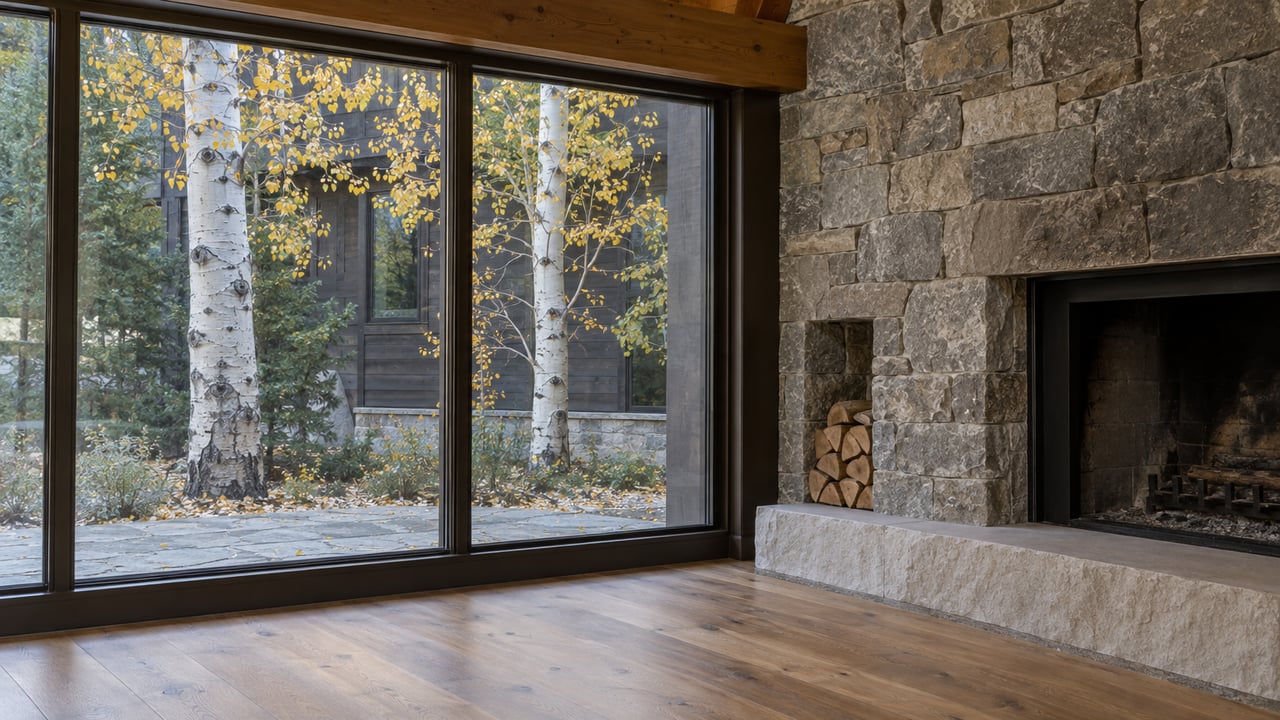 Great-room corner with a stone fireplace beside closed windows framing two slender aspens.