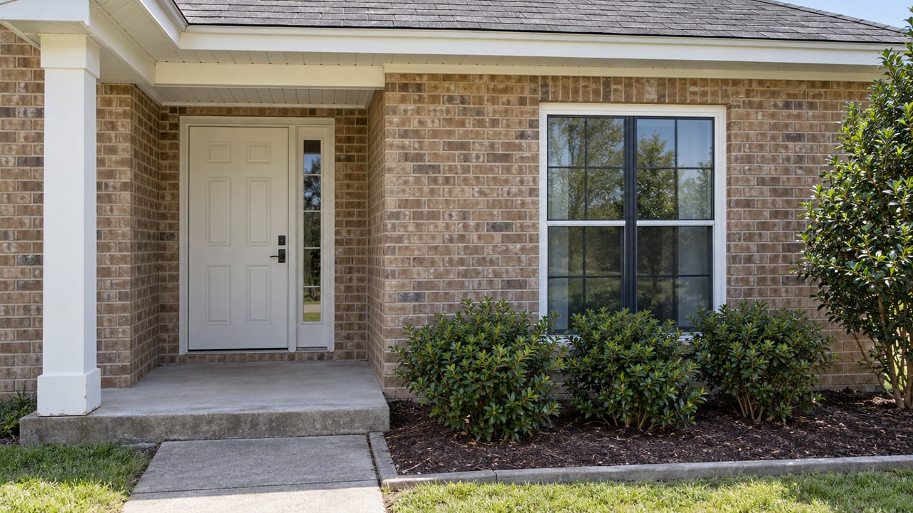 Tan brick home with a shaded cream front door, white porch trim, black-grid window and a small planted bed beside the concrete walk.