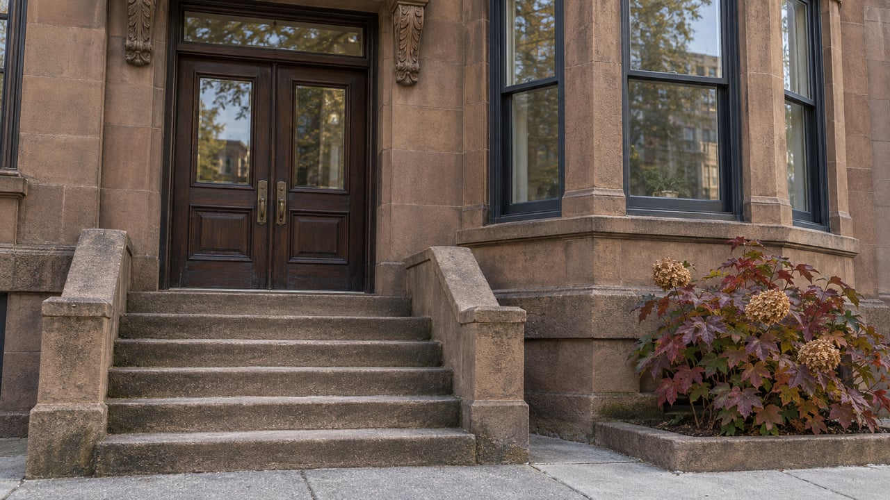 Brownstone entrance with broad stone steps, dark double doors, bay windows, and autumn shrubs.