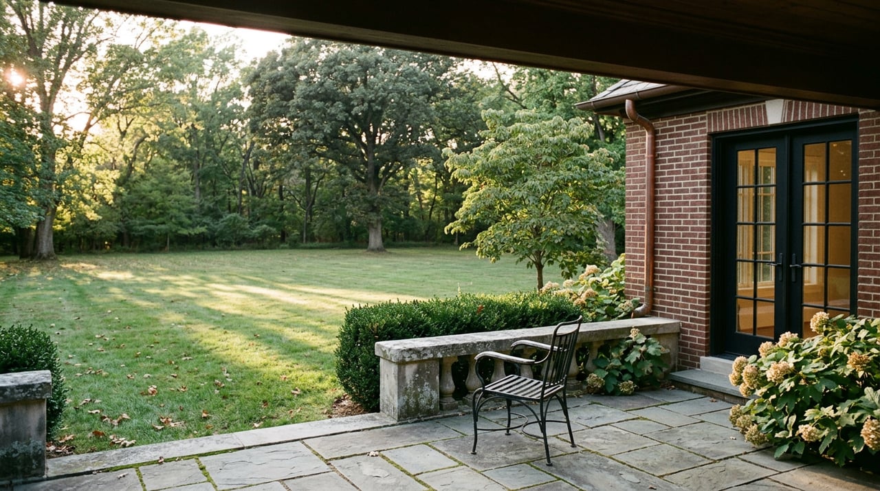 Brick estate terrace with stone balustrade and wrought-iron chair overlooking an expansive lawn and mature trees.