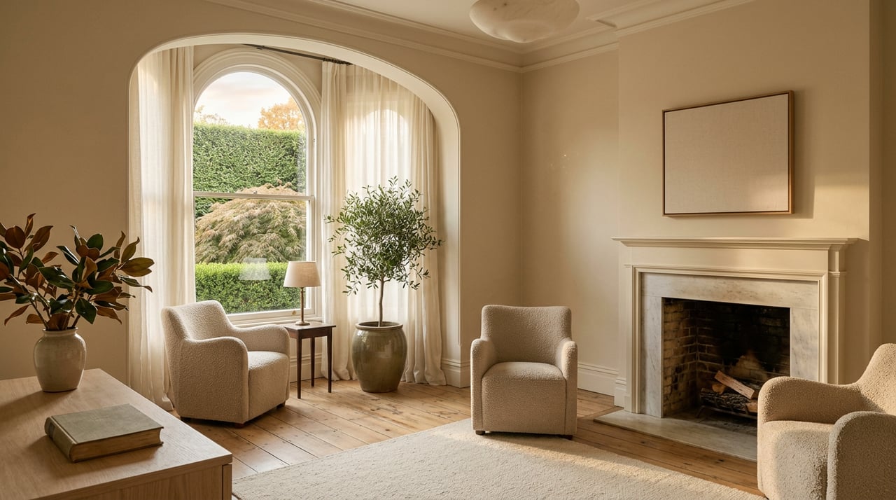 Library sitting room with an arched window, marble fireplace, oatmeal armchair, and magnolia branches on a pale oak console.