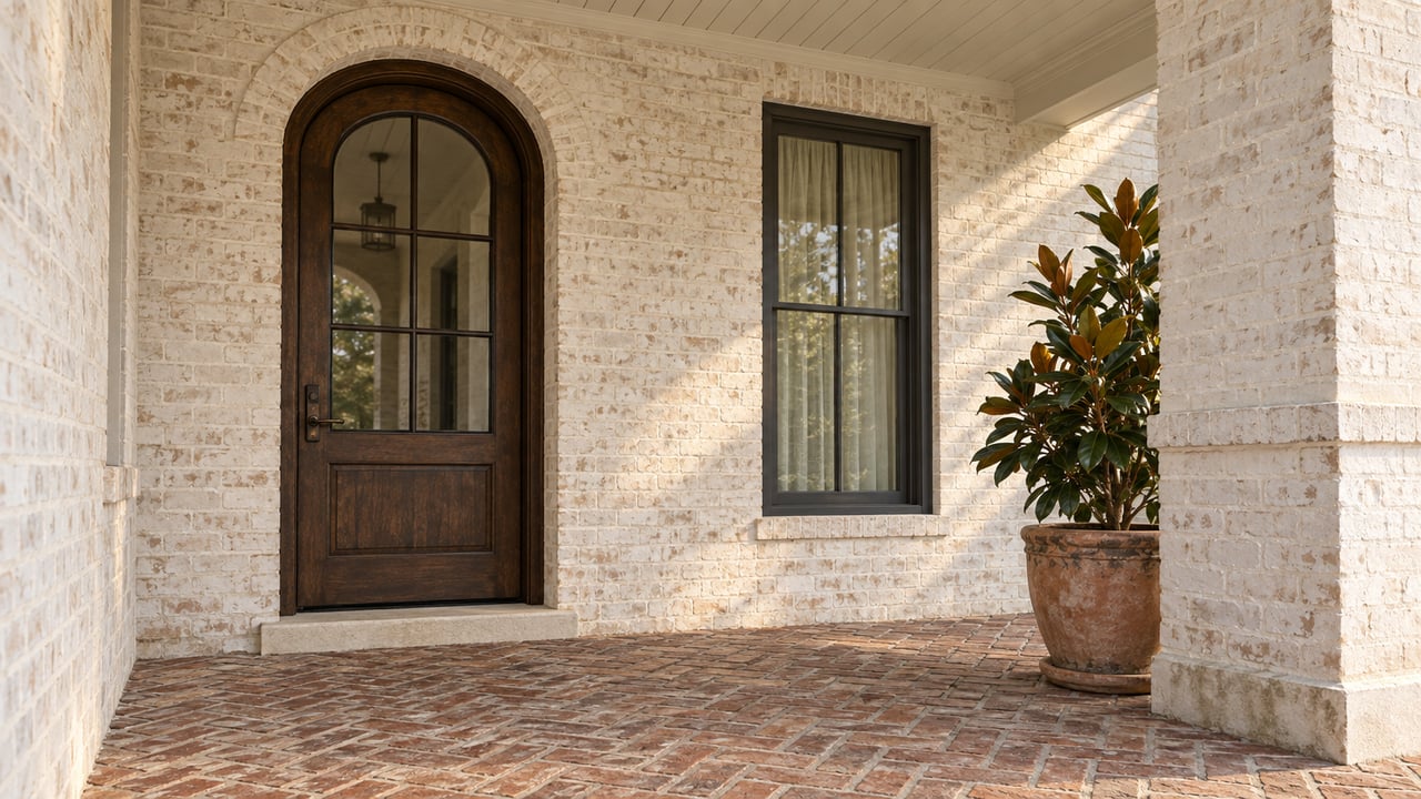 Covered porch with a glazed arched oak entry door, limewashed brick walls, herringbone brick paving, and a potted magnolia.