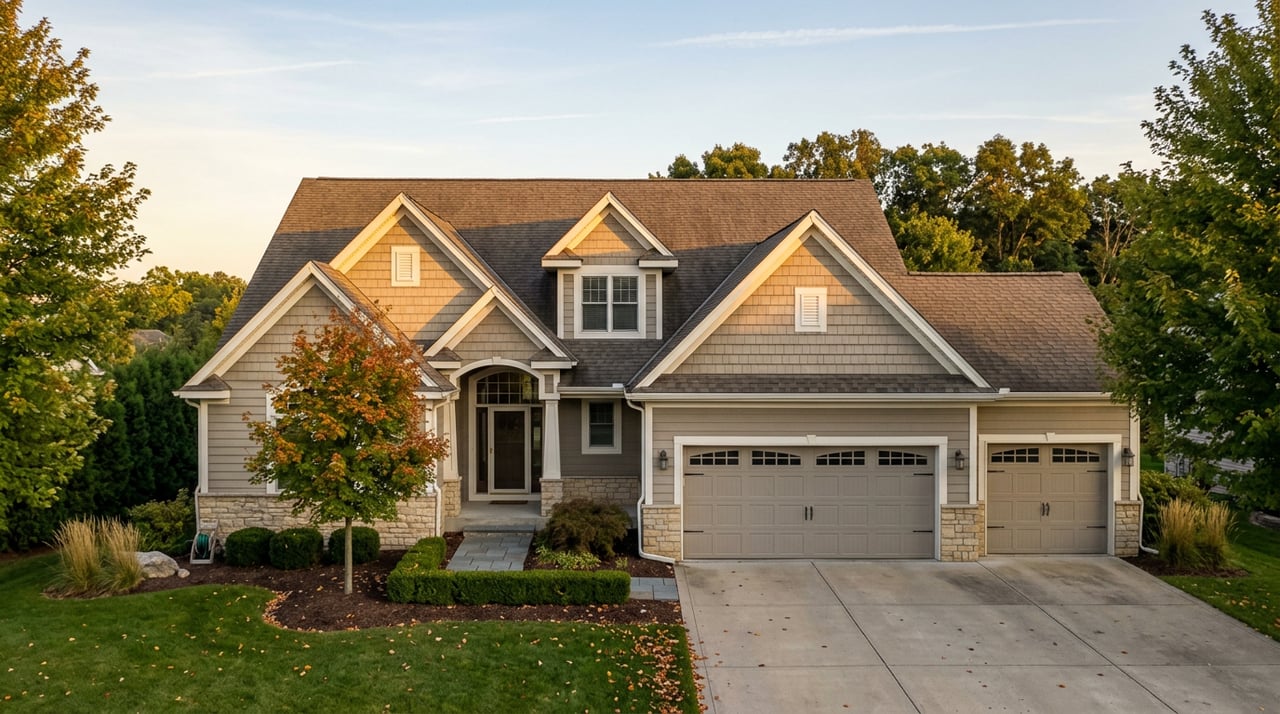 Two-story greige home with cross gables, three garage doors, a broad lawn, and a maple beginning to turn.