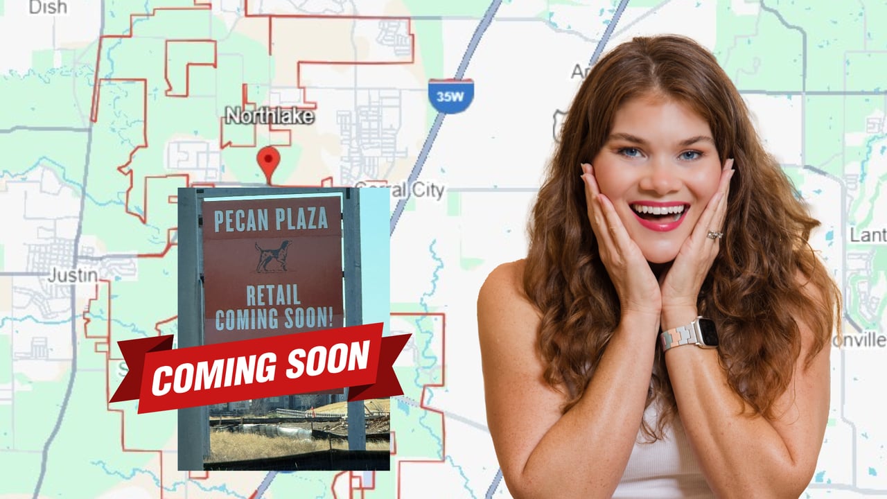 Paige Miranda at Pecan Plaza commercial development site in Northlake Texas with Northlake map showing FM 407 and Cleveland-Gibbs Road location