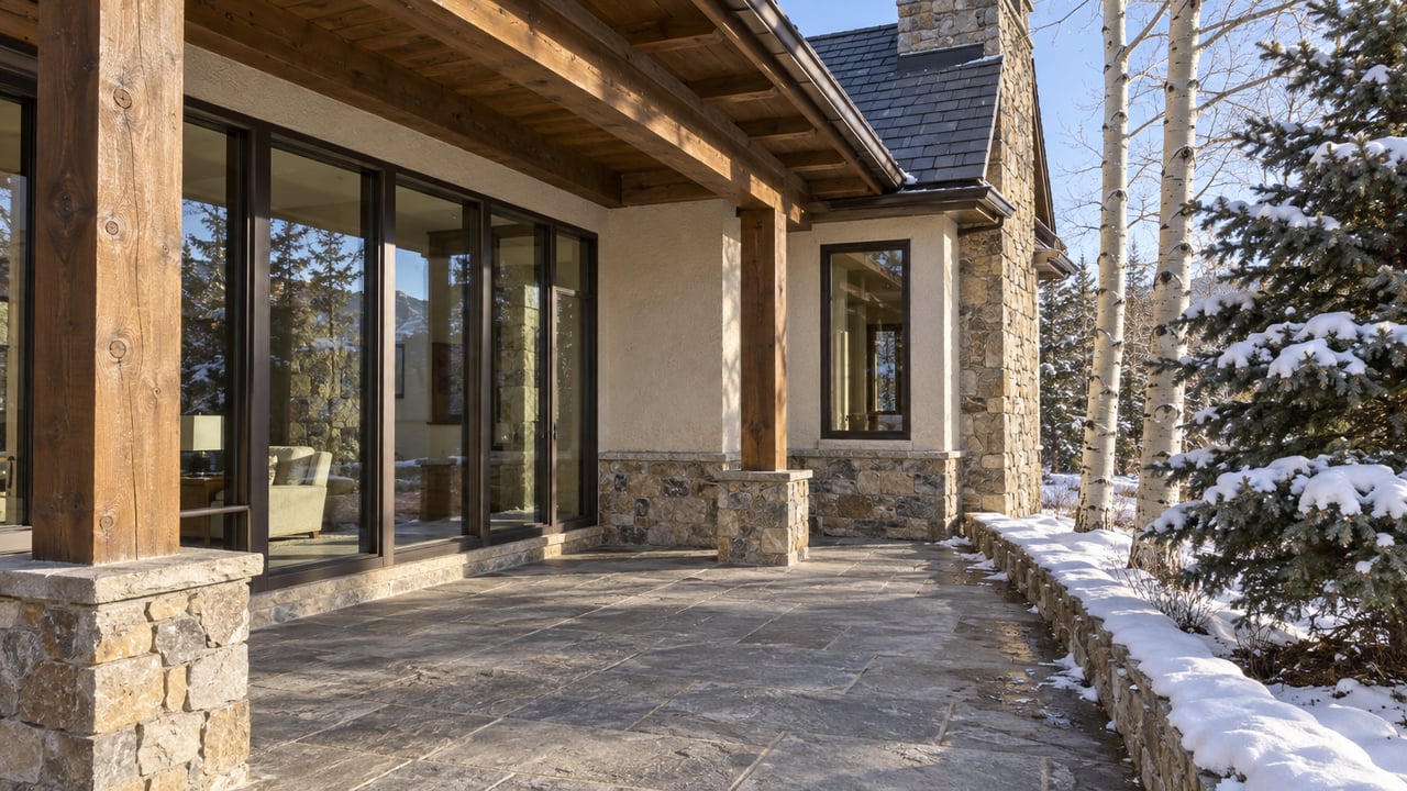 Winter sunlight crosses a stone-paved covered terrace beside timber posts, grouped windows and a stone chimney, with snow around spruce and aspen trees.