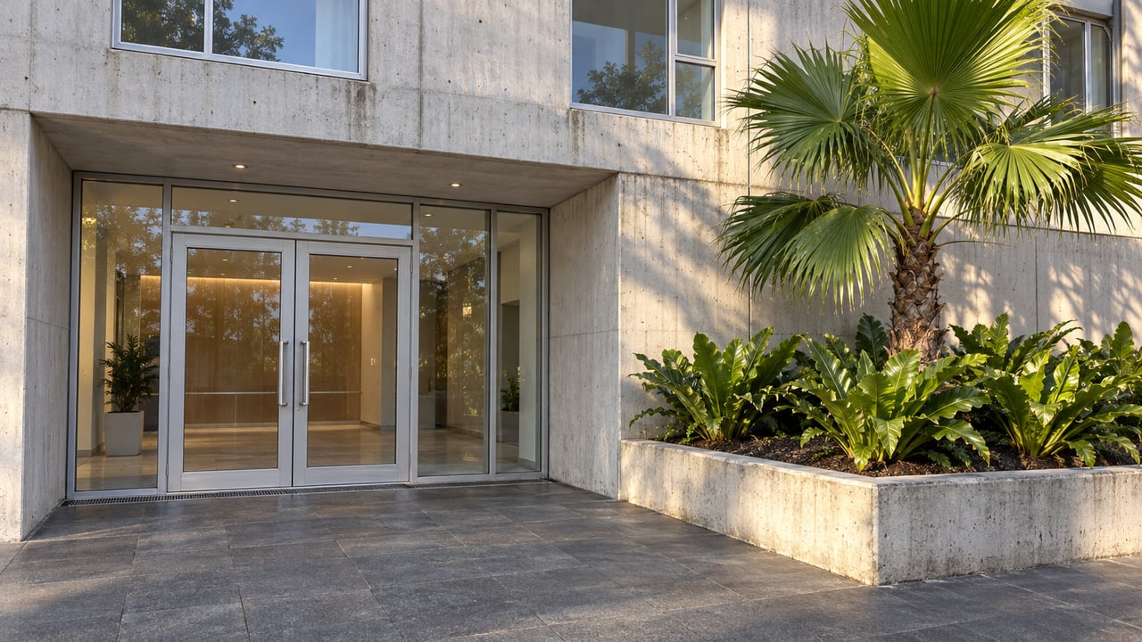 Contemporary condominium entrance with closed glass doors, weathered pale concrete, basalt paving, and a fan palm in a raised planter.