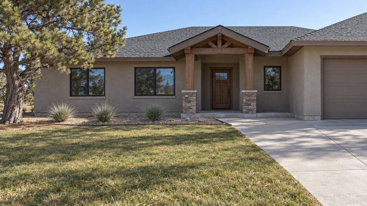 Single-story stucco home behind a deep front lawn, with a timber porch, stone post bases and a sculptural pinyon pine.