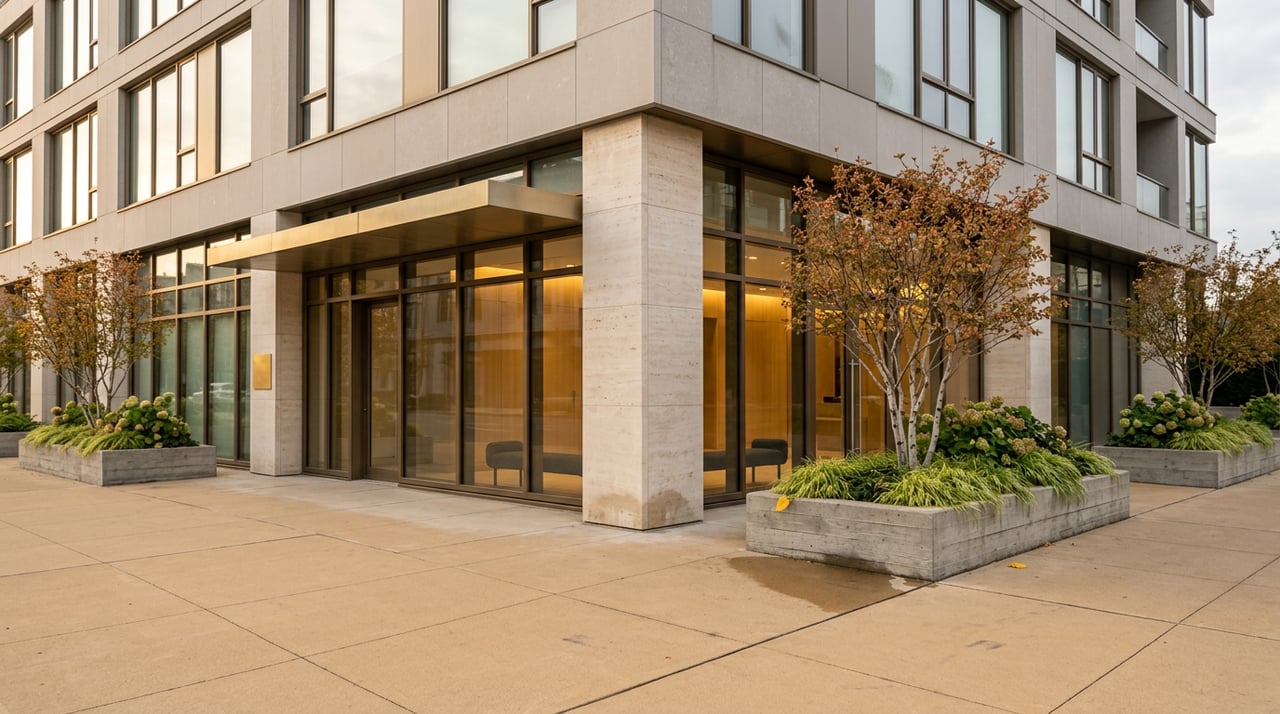 Contemporary condo lobby with bronze-framed glass, travertine column, and raised planters of copper-leaf trees.