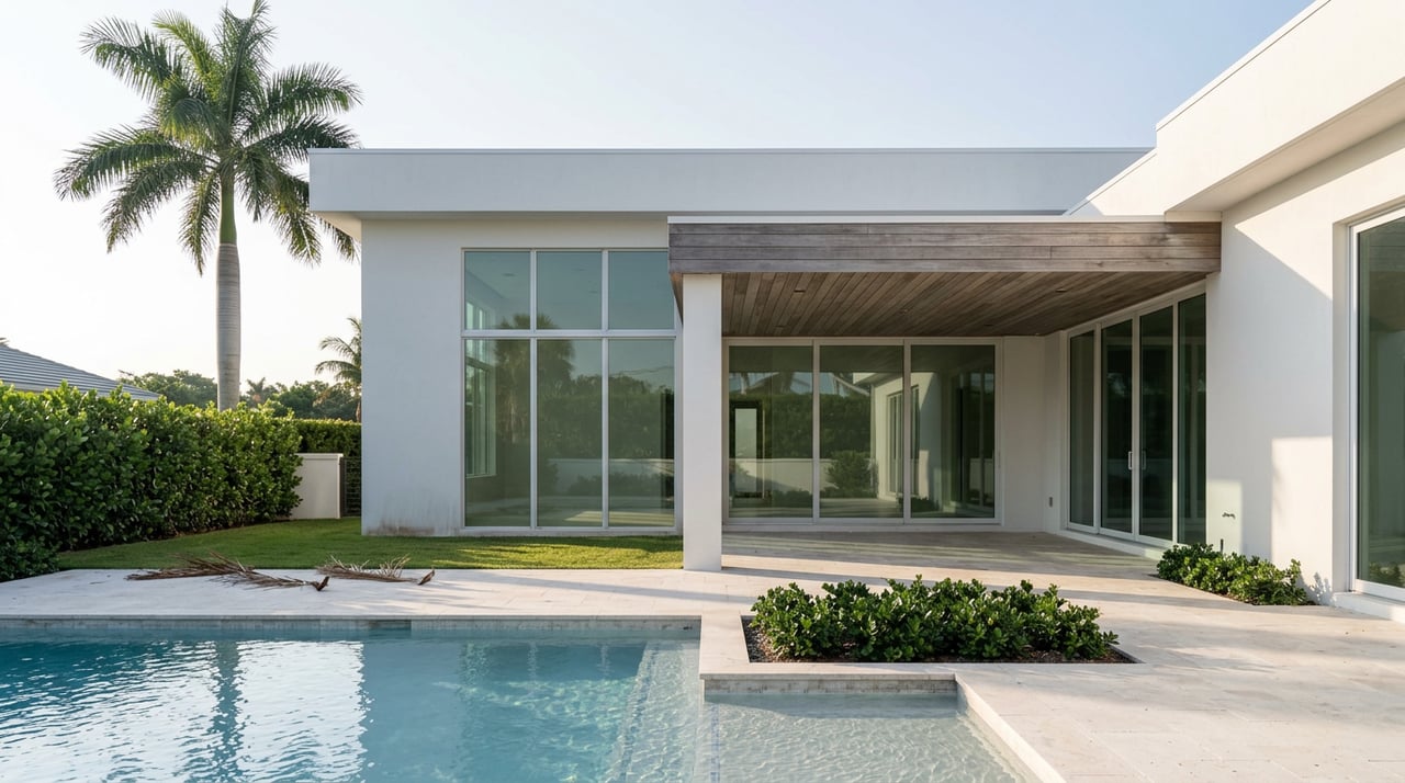 Contemporary white coastal home with a slatted lanai, travertine pool deck, and a tall palm beside the facade.
