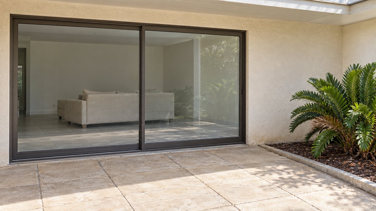 Covered patio of a single-story home with ivory stucco, bronze-framed sliding glass doors, buff paving and one coontie in a curbed planting bed.