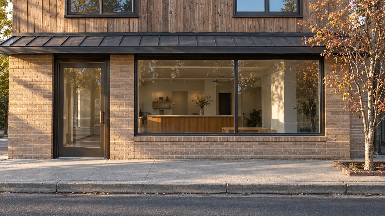 Two-story cedar-and-brick storefront with bronze-framed windows, a broad sidewalk, and a copper-leaved tree.