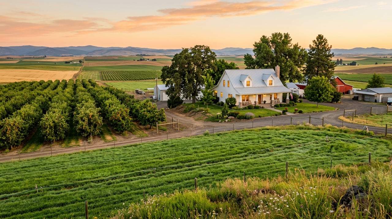 Gabled farmhouse beyond irrigated hay pasture, with orderly orchard rows filling the foreground.