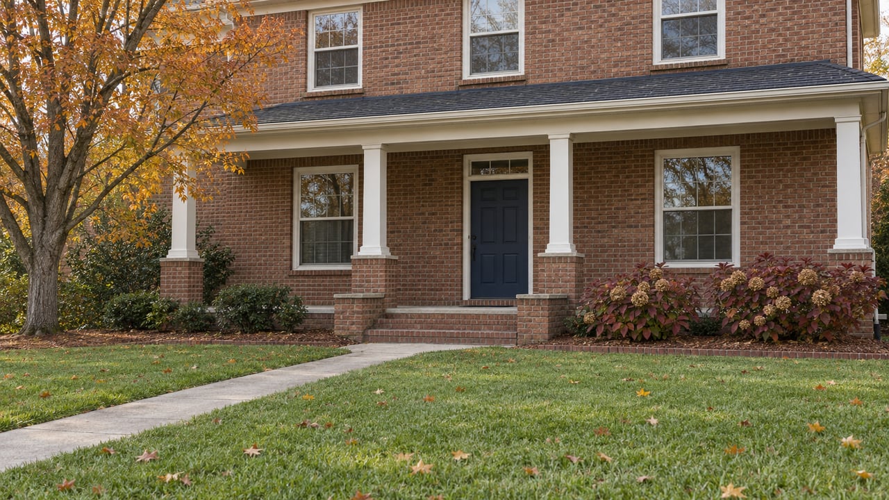 Brick house with a covered white-columned porch, deep autumn lawn and an amber-leaved tree.