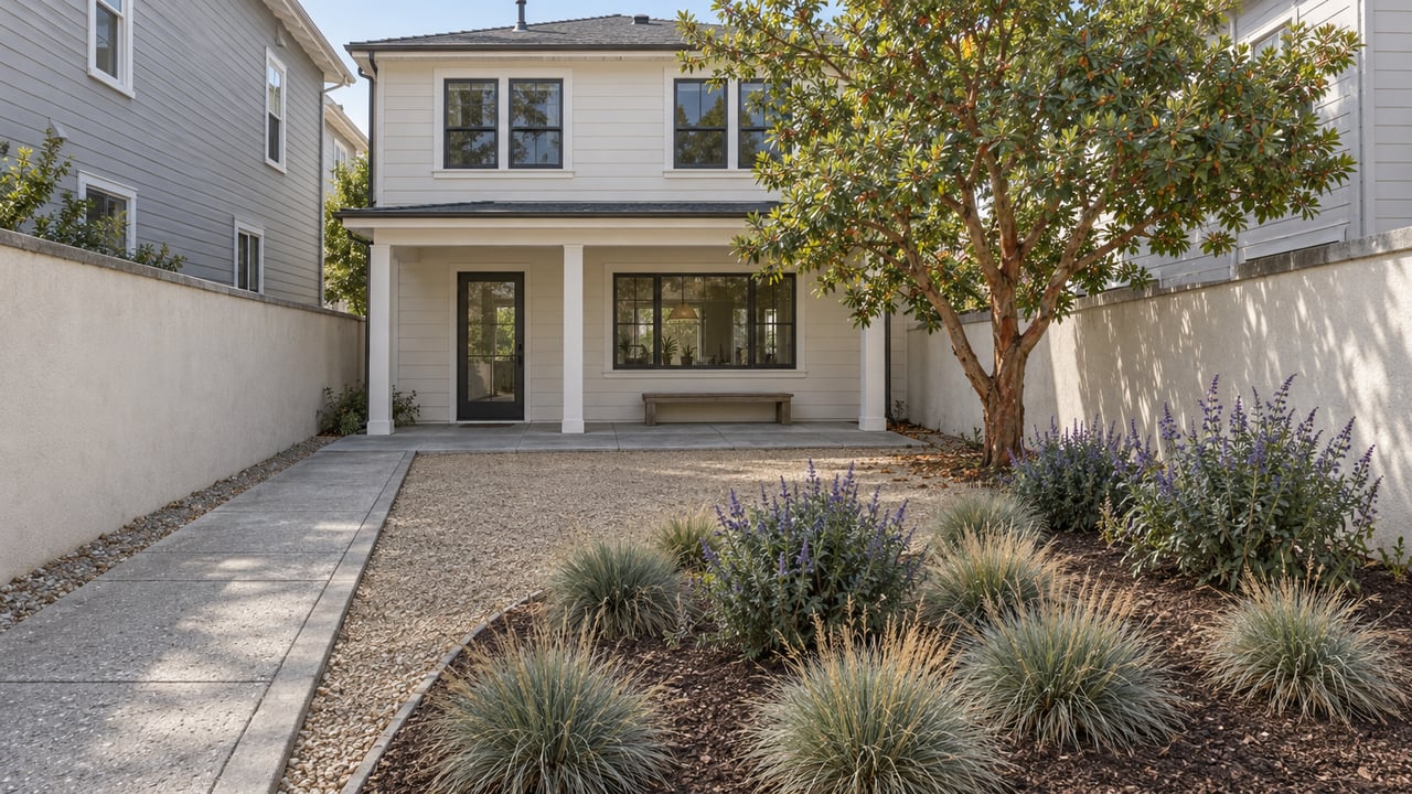 Deep gravel and planted backyard with a concrete approach to a cream clapboard house and covered rear porch.