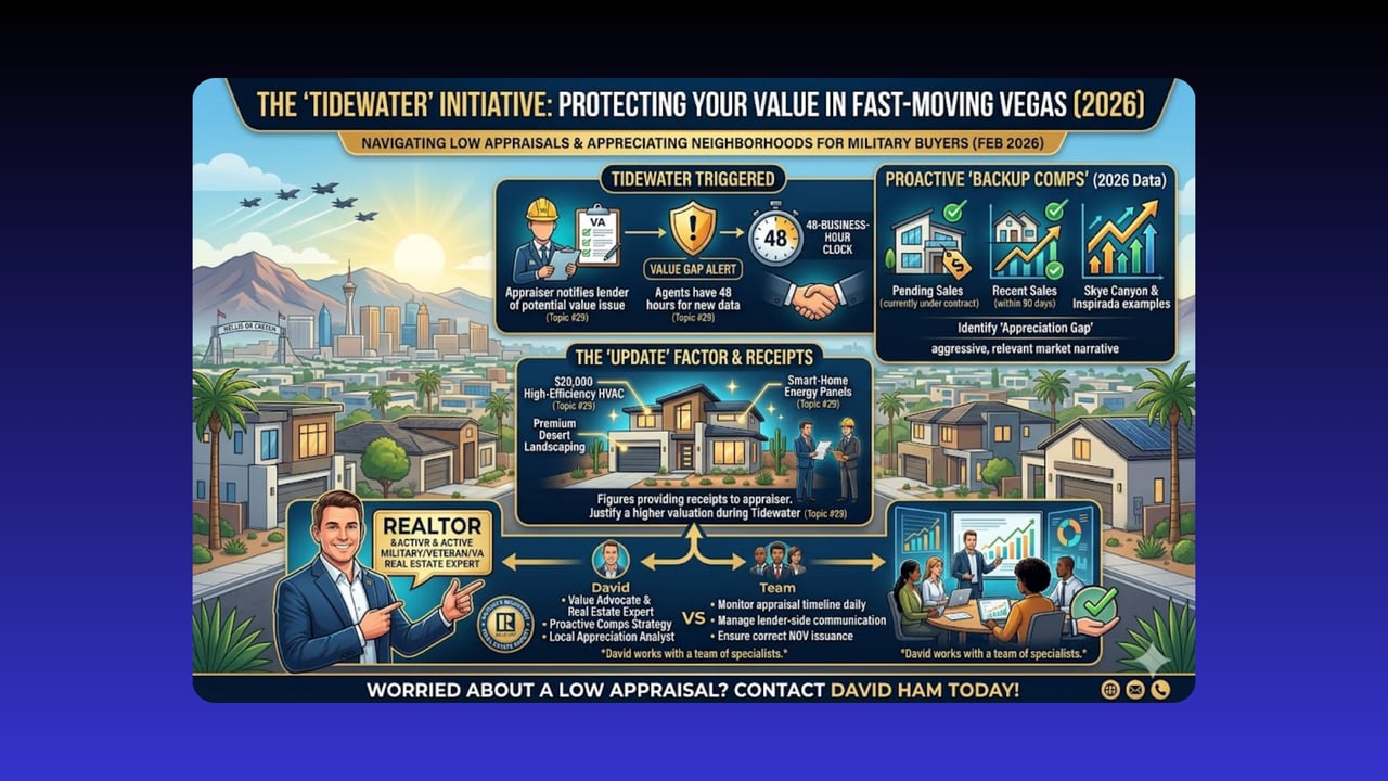 Infographic explaining the VA Tidewater Initiative, backup comps, and appraisal support for Las Vegas homebuyers.