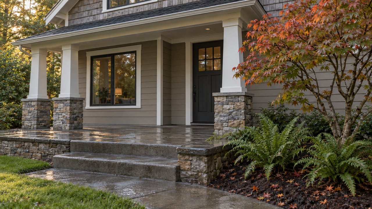 Taupe-sided house entry with white porch columns, concrete steps, and a vine maple beside the planting bed.