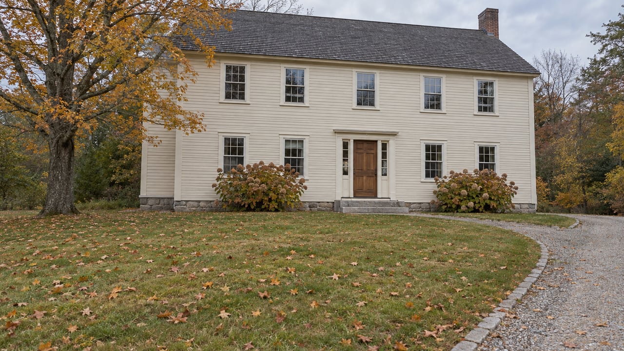 Ivory clapboard home with a granite foundation, deep autumn lawn and a mature maple carrying ochre leaves.