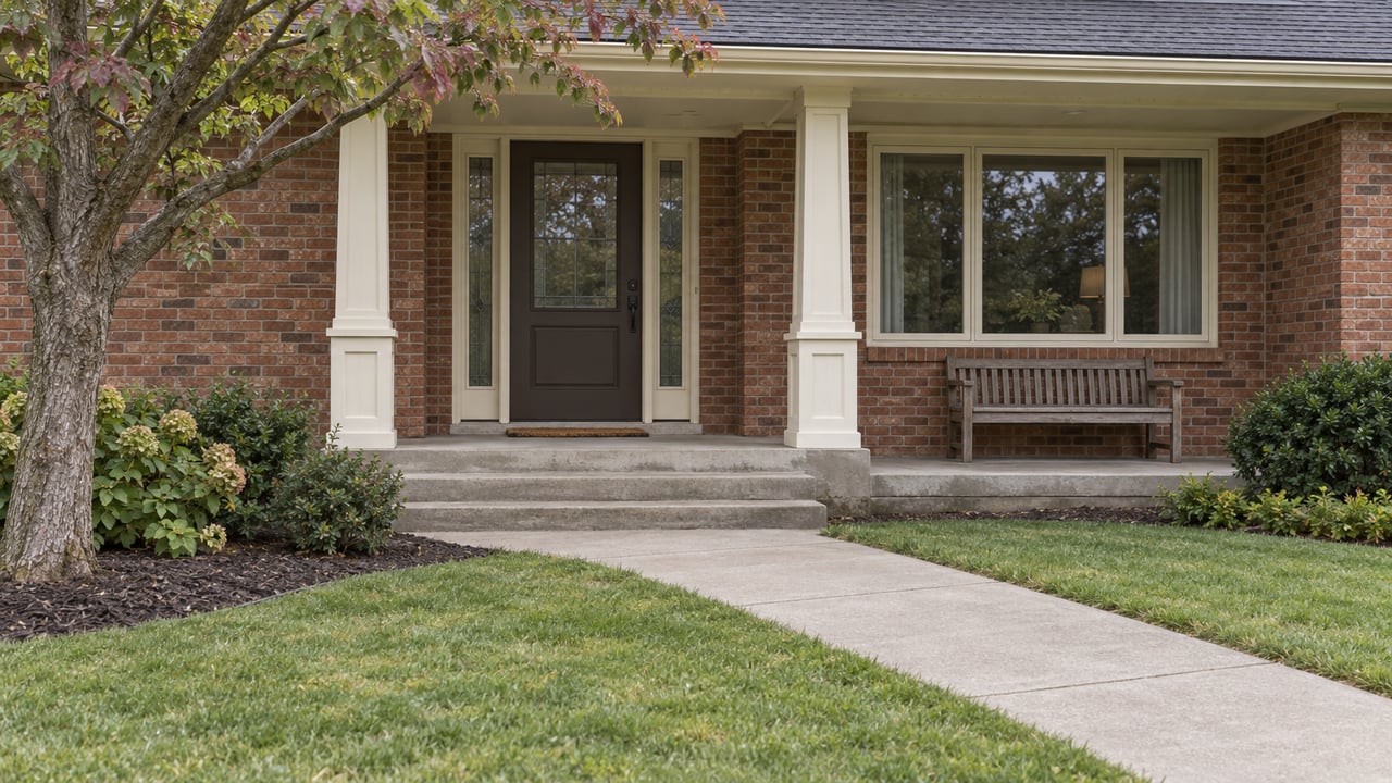 Red brick home with a covered entry, broad steps, front walkway, and wooden bench.